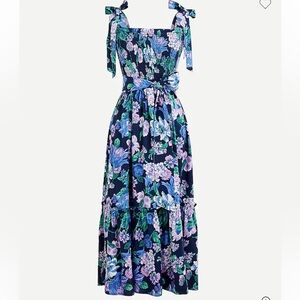 J.Crew Smocked Tie-Shoulder Floral Blue Dress